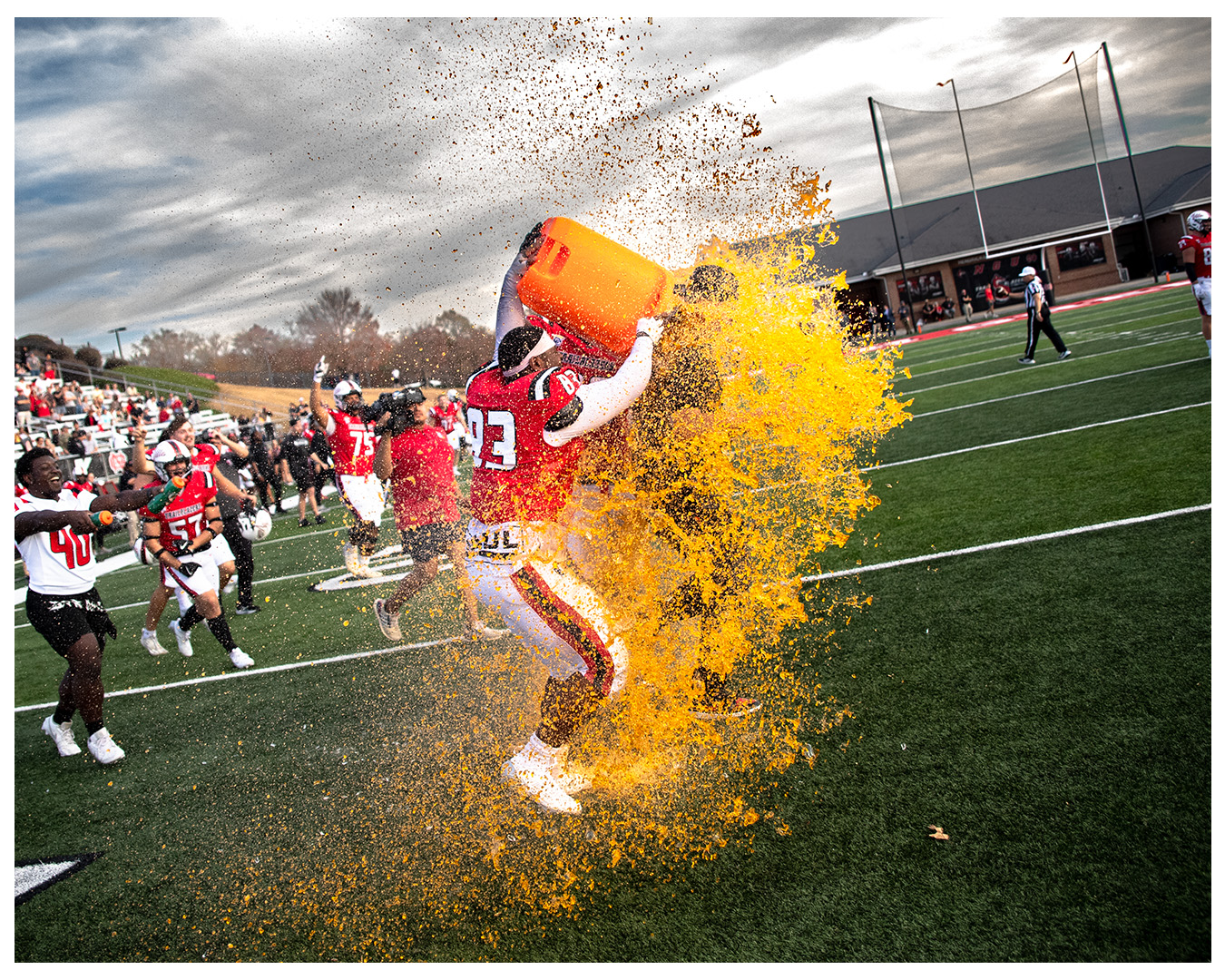 Gatorade victory celebration splash on the football field